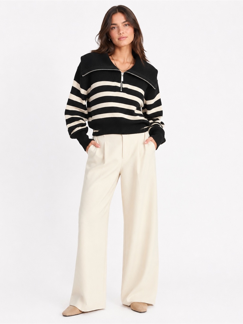 Truth by Republic Black Cream Stripe Oversized Zip Collar Sweater L Preppy